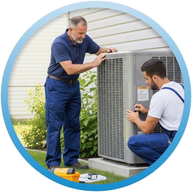 2 technicians installing an AC unit