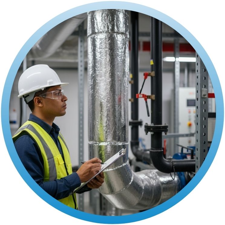 Inspector with clipboard checking insulated industrial mechanical piping.