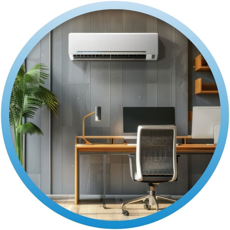Modern home office with a wall-mounted ductless AC unit.
