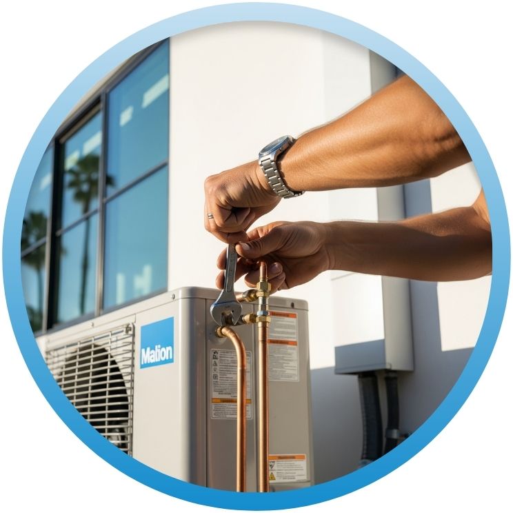 Technician tightening refrigerant lines on a ductless outdoor unit.