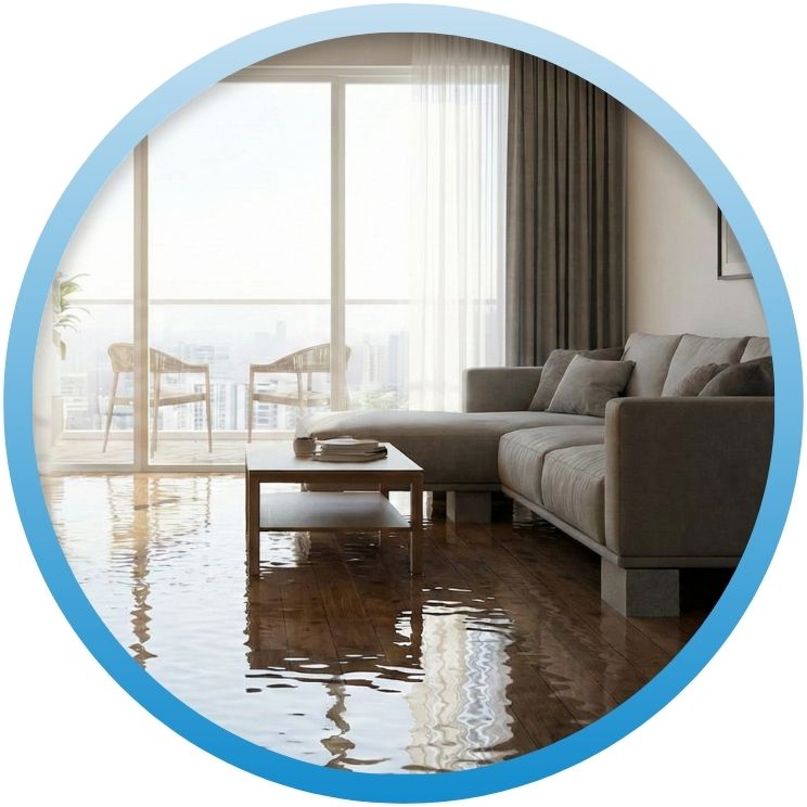 Living room with standing water flooding the hardwood floor.