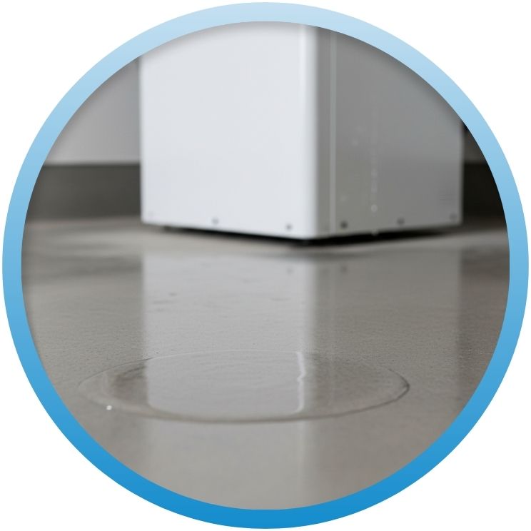 Close-up of a water puddle on a concrete floor.