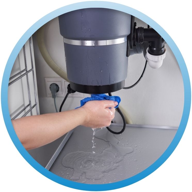 Water leaking from the bottom of a garbage disposal unit.