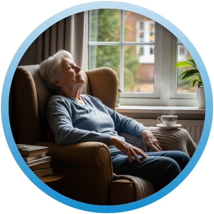 Senior woman relaxing in armchair near a sunlit window.