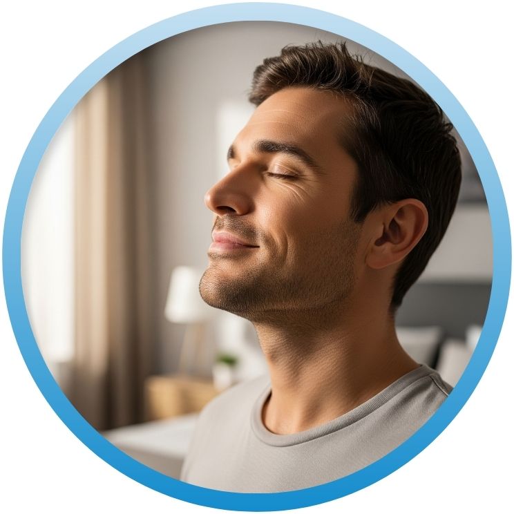 Man breathing deeply and peacefully in a clean room.