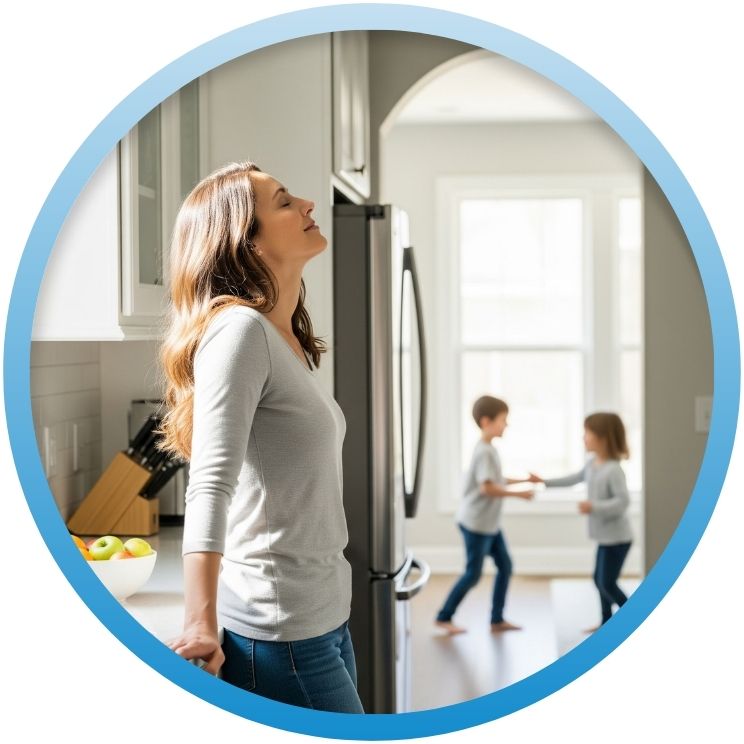 Woman breathing fresh air while children play in kitchen