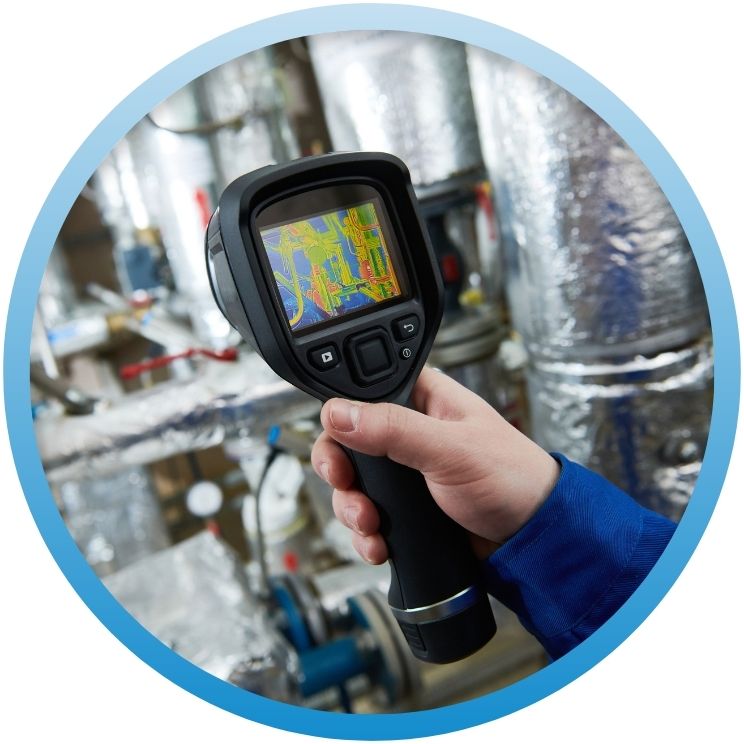 Thermal camera screen showing heat signatures on industrial piping.