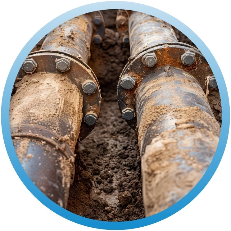 Close-up of large bolted industrial iron pipe flanges.