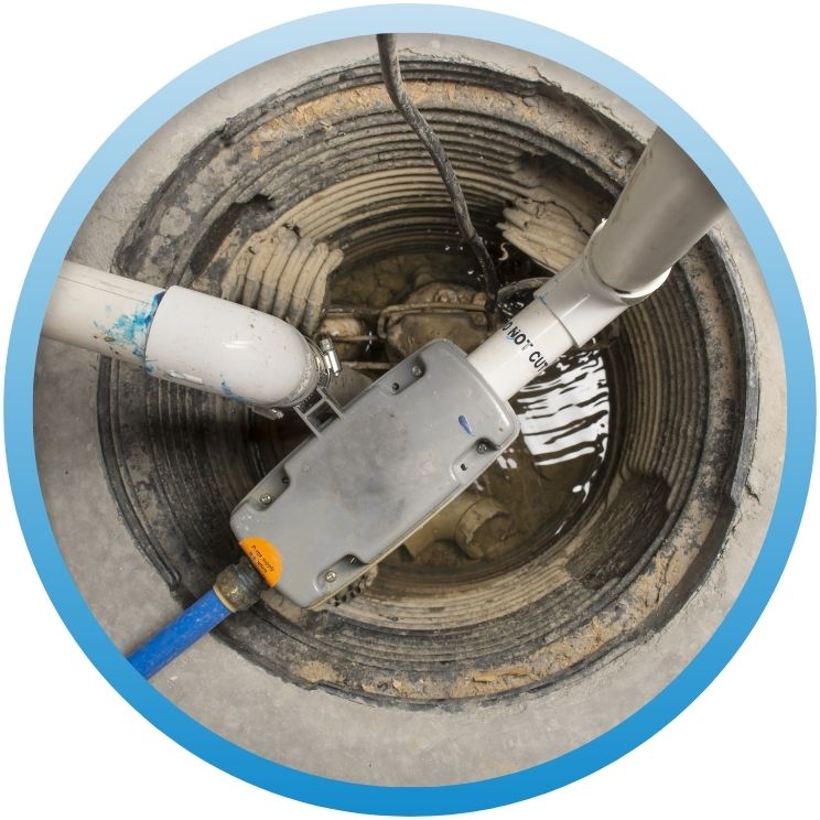 Composite view of a sump pump basin and outdoor well pump.