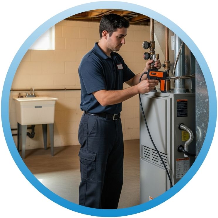 Technician using a digital combustion analyzer on a furnace.