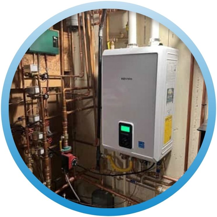 High-efficiency tankless water heater with extensive copper manifolding.