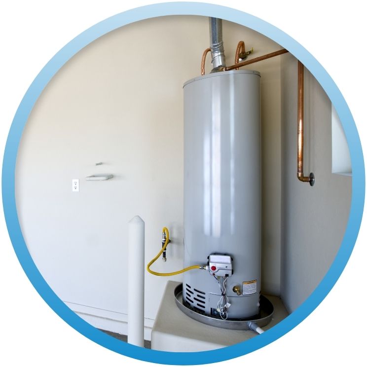 Modern gas storage water heater installed on a pedestal.