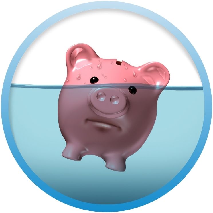 Illustration of a pink piggy bank submerged in water.
