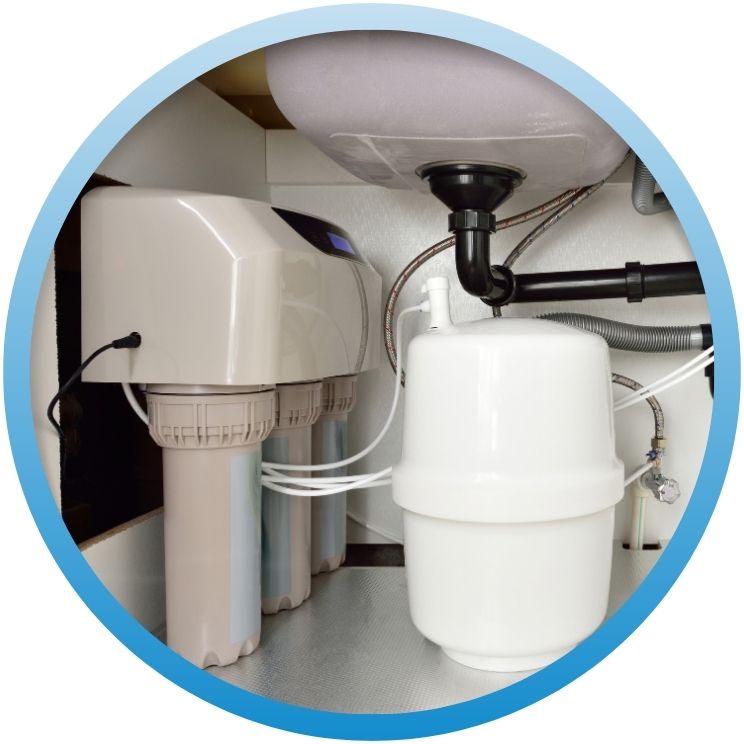 Under-sink reverse osmosis water filtration system and tank.