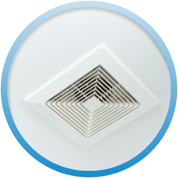 White square ceiling vent with visible dust and debris.