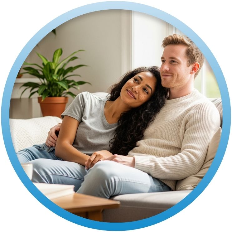 Happy couple relaxing on a sofa in a bright living room.