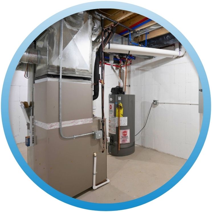 Basement installation of a furnace and water heater.