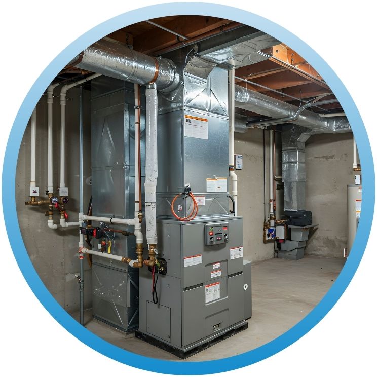 High-efficiency furnace with vertical sheet metal ductwork