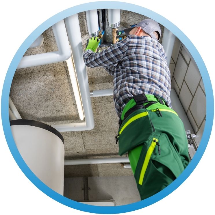 Plumber working on overhead white insulated piping and valves.