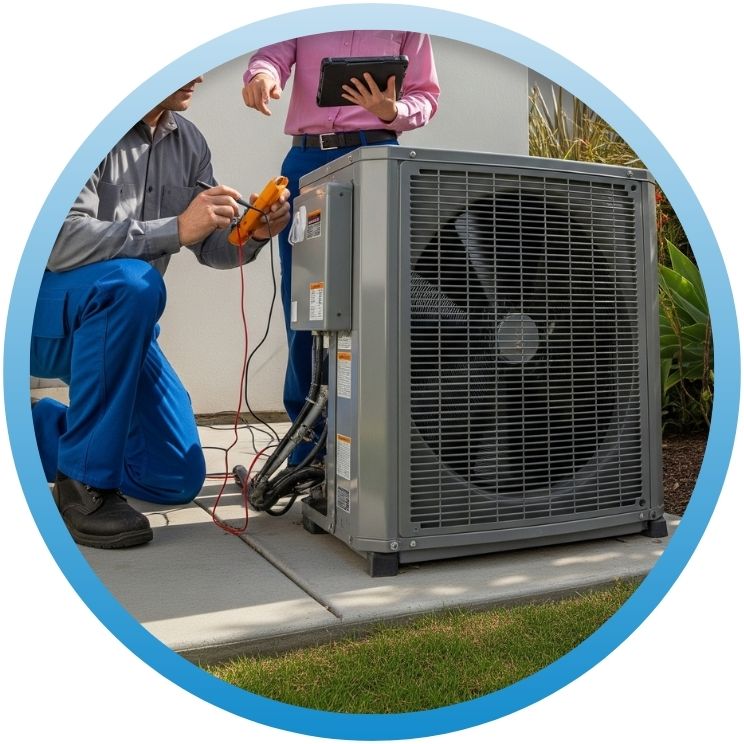 Technician using a multimeter on an outdoor heat pump.