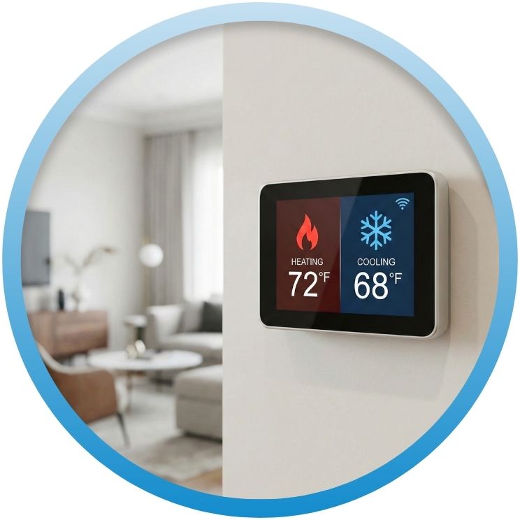 Modern smart thermostat showing temperature and HVAC mode