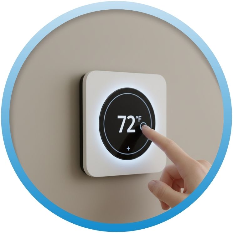Finger tapping a minimalist white touchscreen smart thermostat.