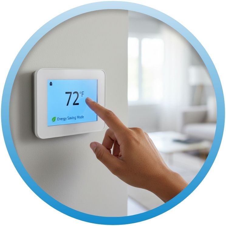 Hand selecting energy saving mode on a digital thermostat.