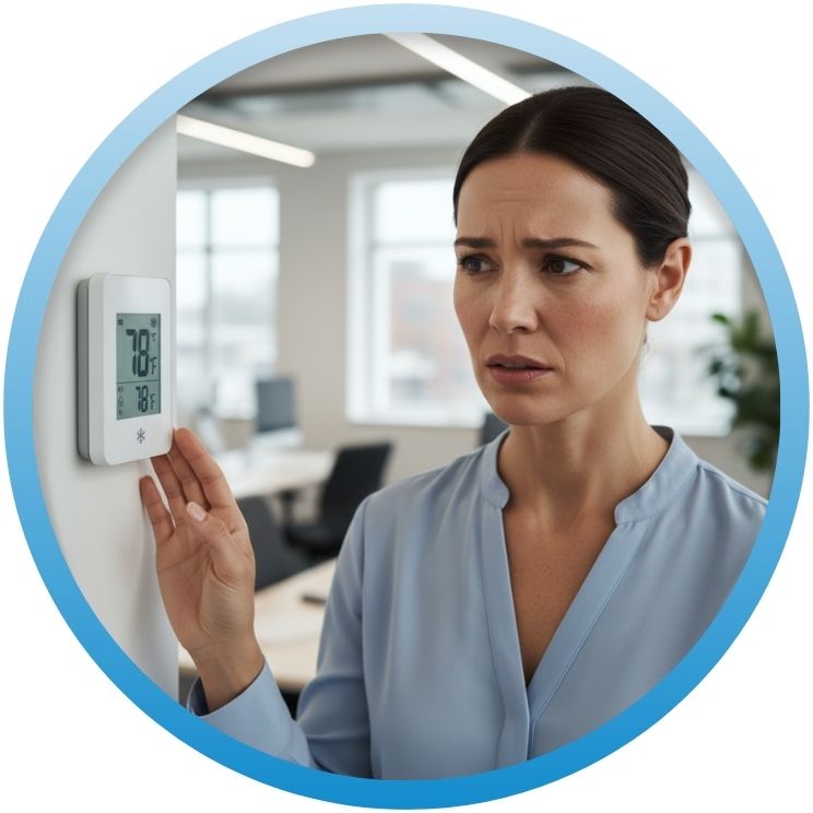 Woman looking confused while touching a white digital thermostat.