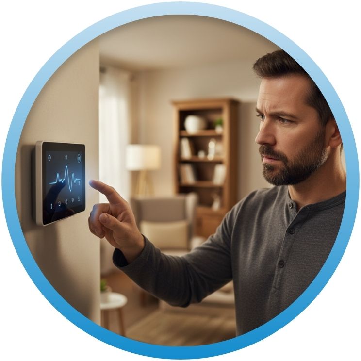 Man looking concerned while using a touchscreen smart thermostat.