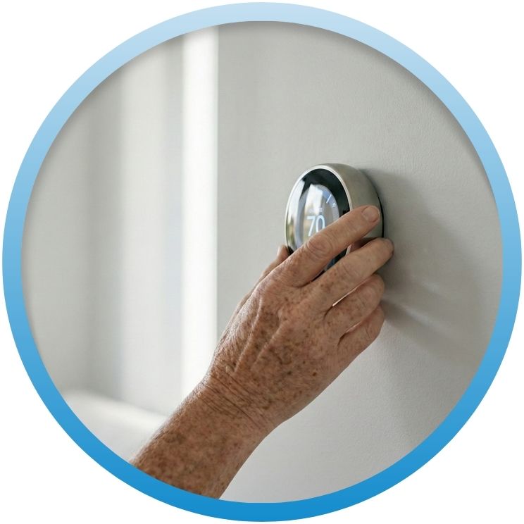Close-up of a hand adjusting a round smart thermostat.