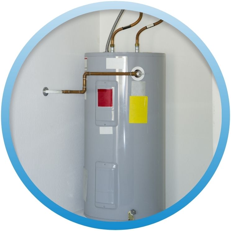 Standard gray residential tank water heater with copper piping.